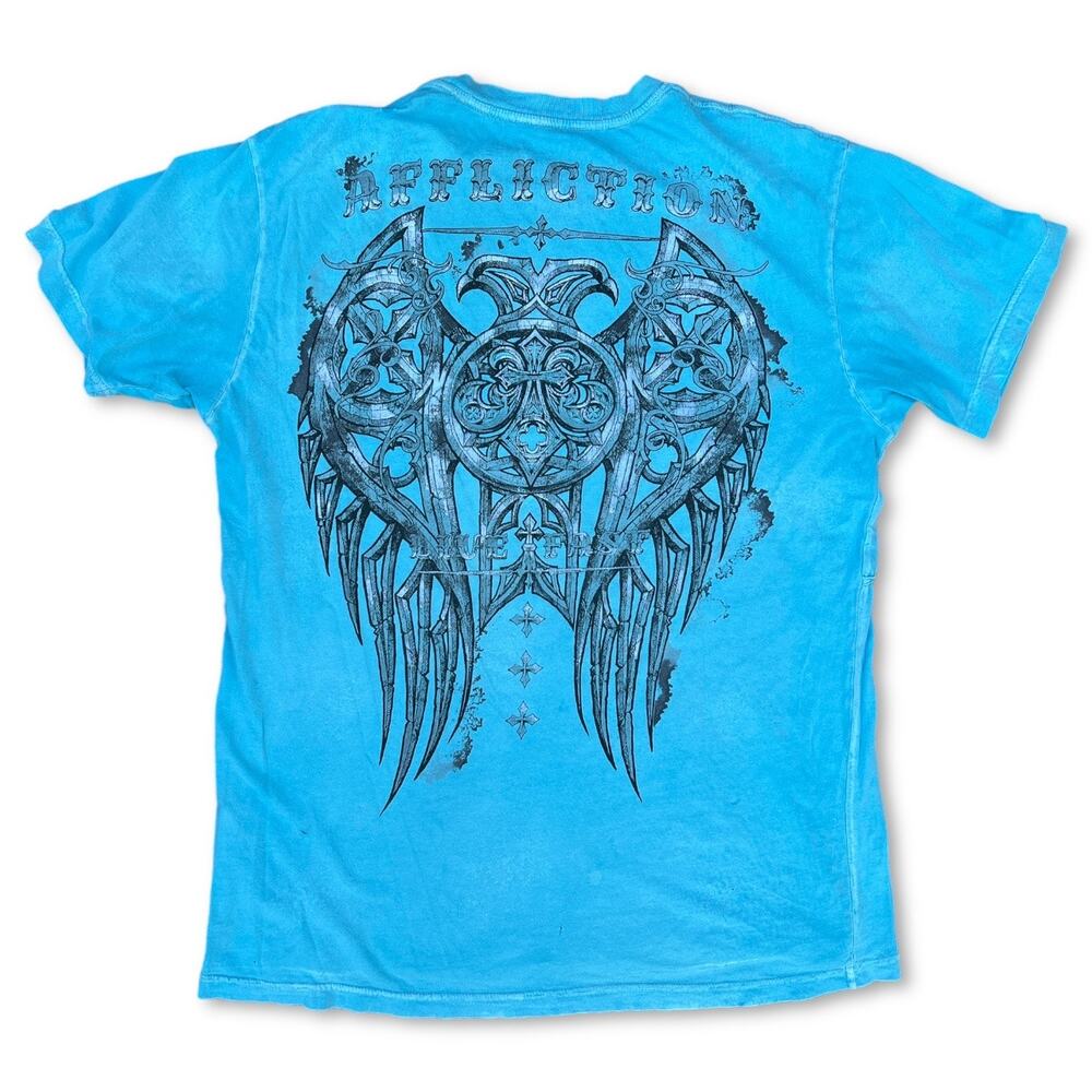 Y2K Affliction Angel Wings Blue Crew Neck Men's T-shirt | Size XL